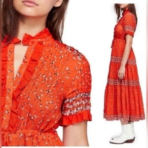 Free People Rare Feelings Short Sleeve Floral Printed Maxi Dress Red Size Small